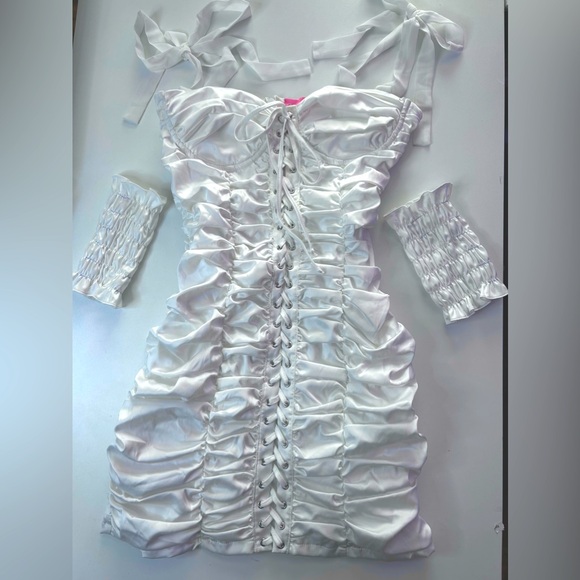 SUGAR THRILLZ DOLLS KILL WHITE BRIGHT BUDS RUCHED MINI DRESS GLOVES SET SMALL - Picture 3 of 6